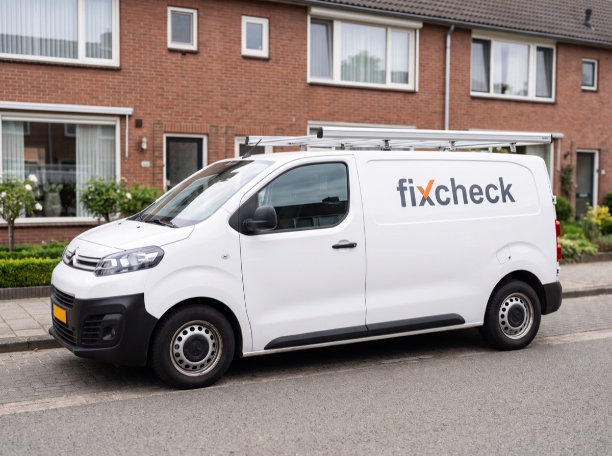 Witte FixCheck-bus geparkeerd voor een rijtjeshuis